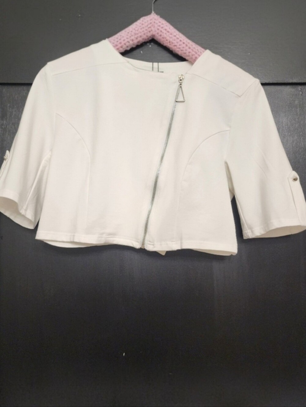 Aleeza Paris Naomi Stretch Ivory White Biker Jacket Top Moto Crop Large NWT - Picture 3 of 12